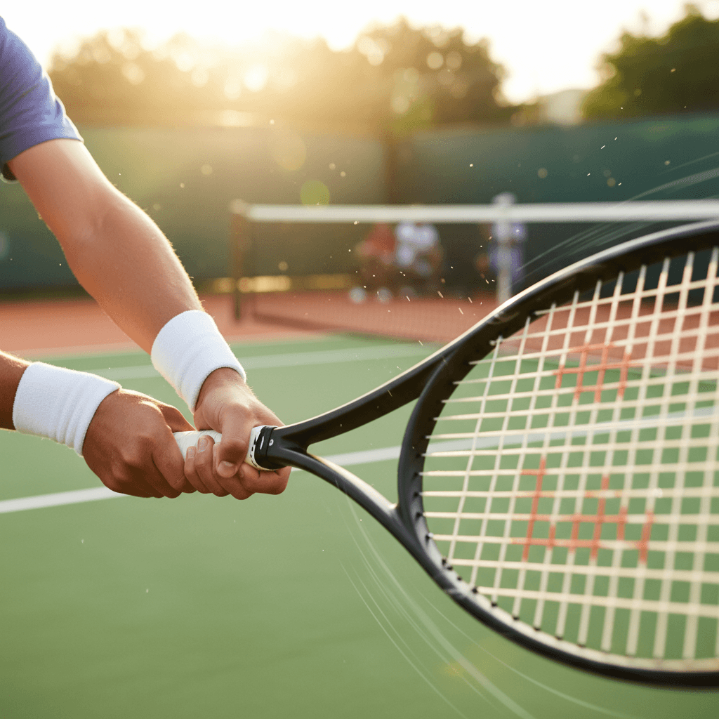 Young athlete gripping overgrip during tennis match