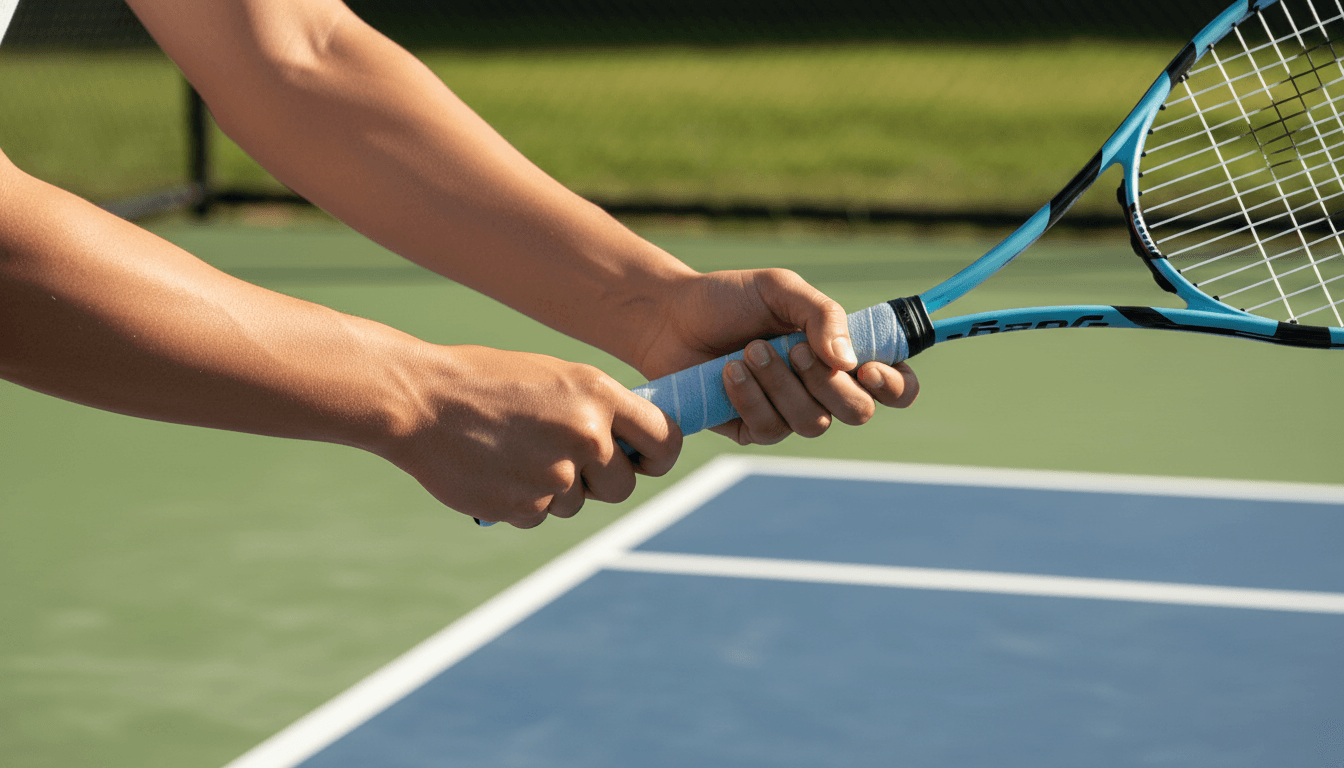 Athlete gripping a tennis racket with eco-friendly water-based overgrip during play