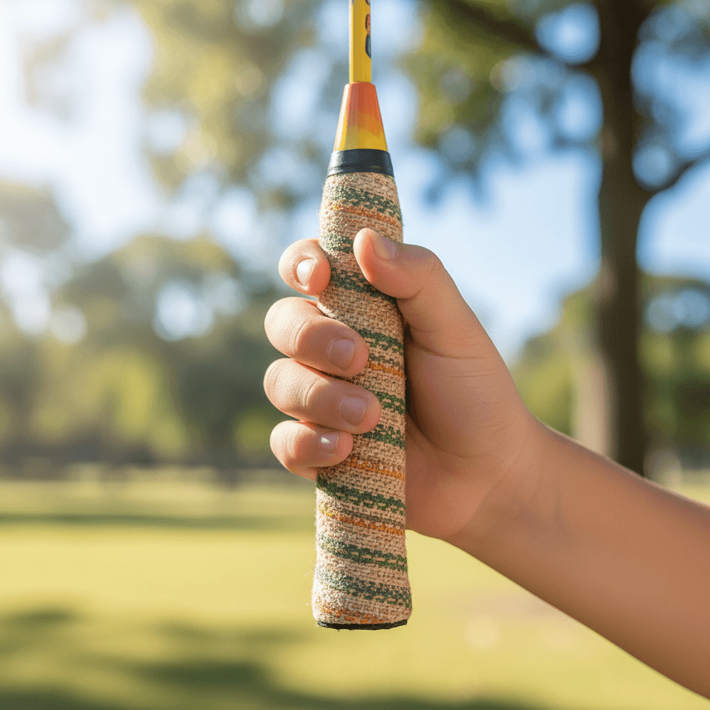 A warm, inclusive lifestyle aesthetic showing a child's hand gripping an eco-friendly overgrip