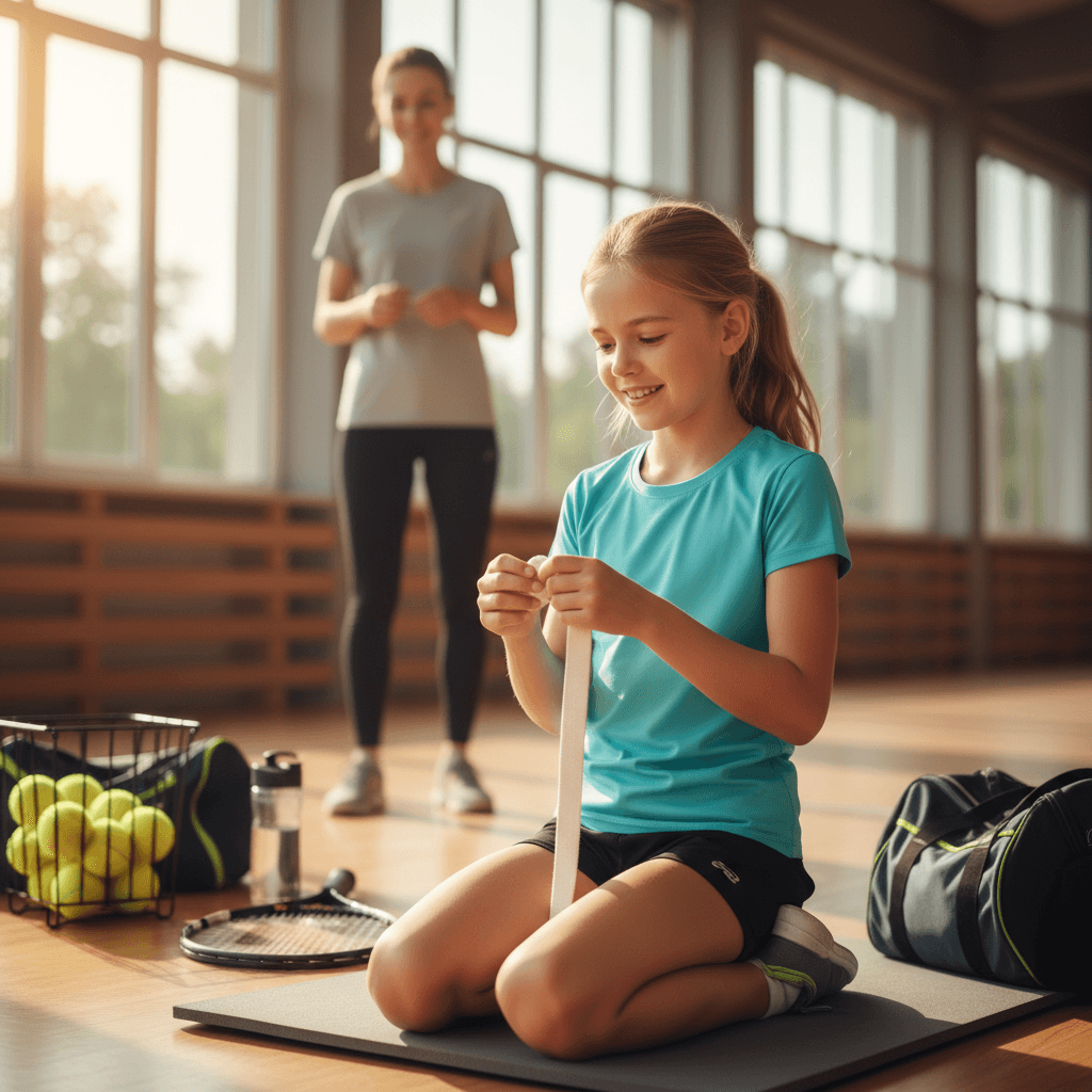 Young athlete examining eco-friendly overgrip with coach nearby