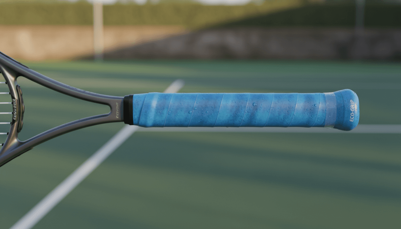 Tennis racket with water-based overgrip, natural lighting, and simple composition.