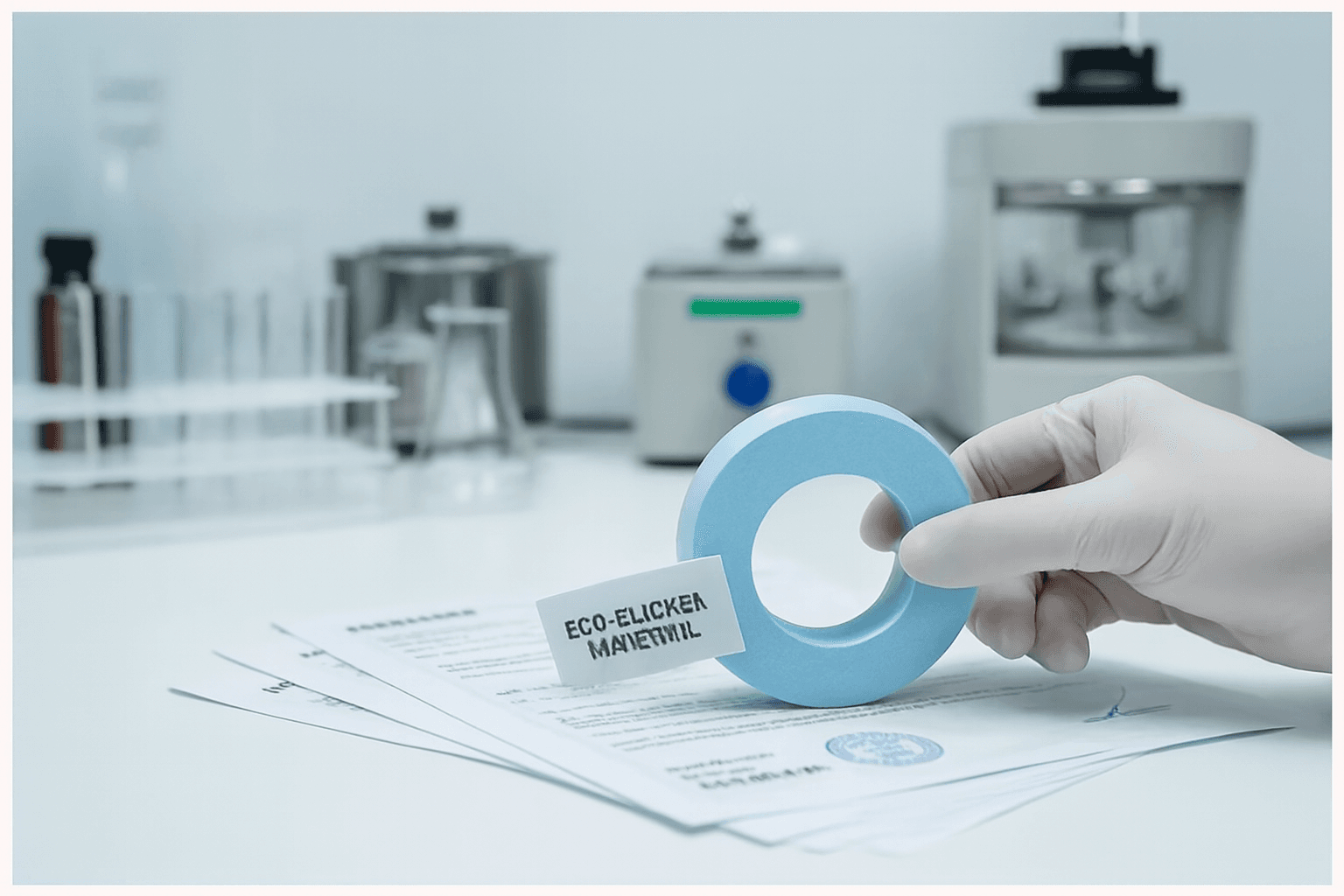 Gloved hand holding a blue circular eco-material sample over documents in a sterile laboratory.