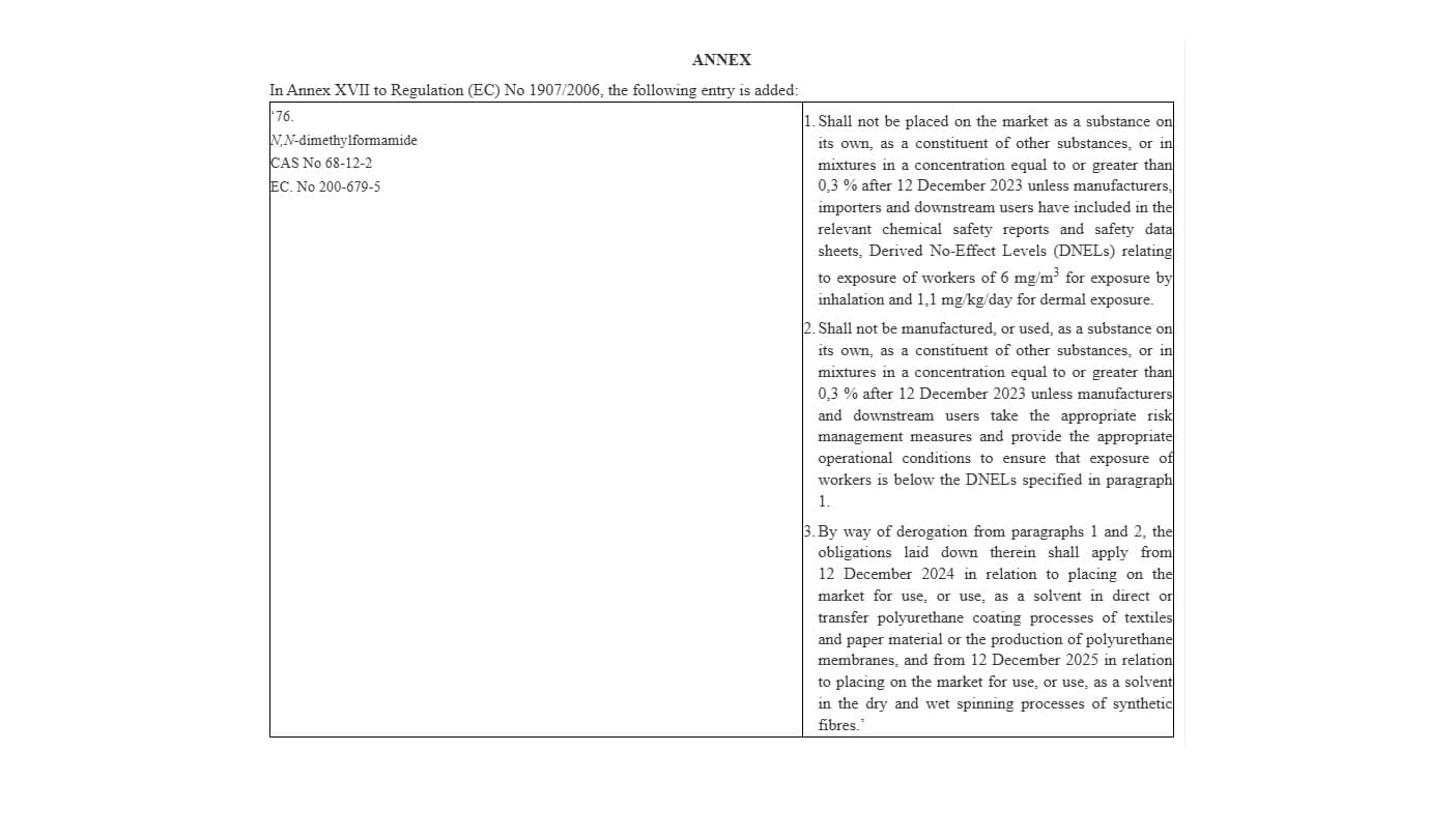 Document detailing Annex XVII entry 76 for N,N-dimethylformamide, including regulatory restrictions and compliance deadlines.