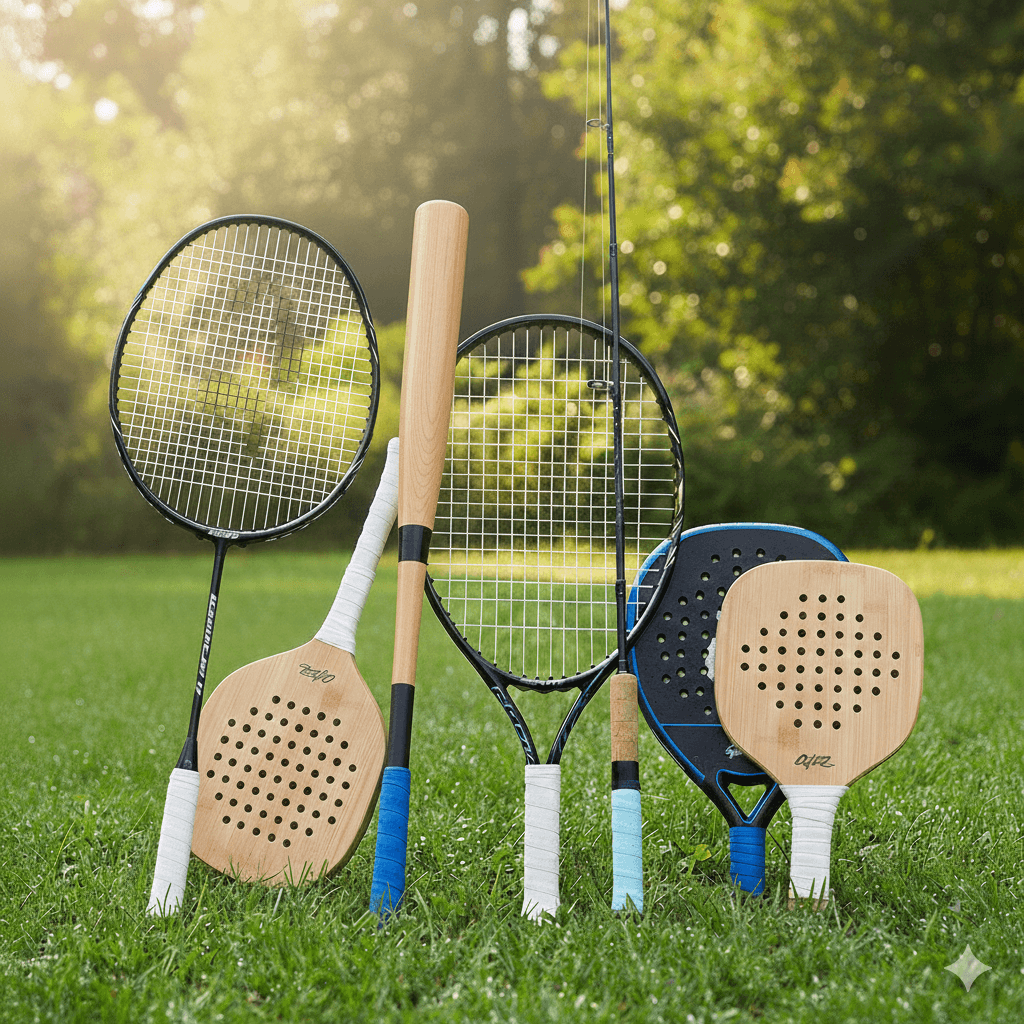 Sports equipment including rackets, a baseball bat, and paddles standing on a green lawn.