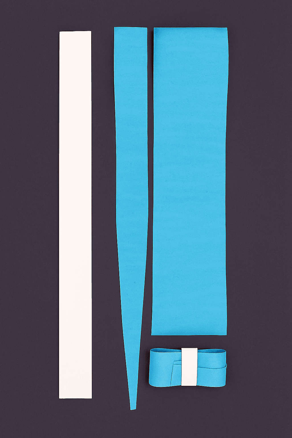 Blue and white paper strips and a small blue bow on a dark purple background.
