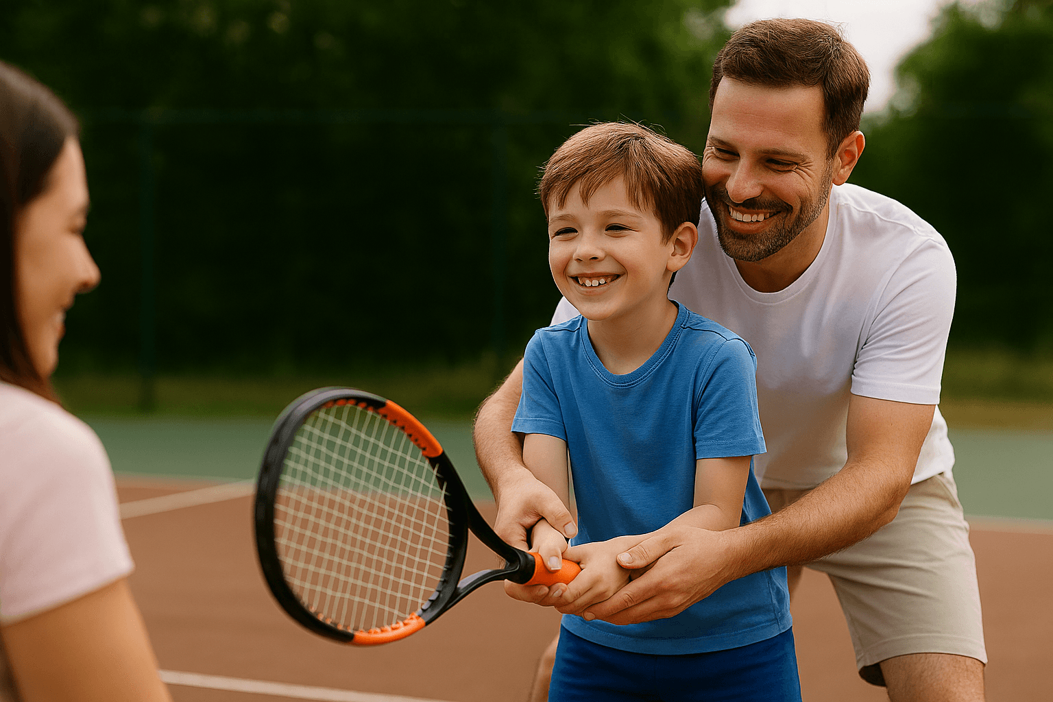Smiling father helps his young son hold a tennis racket on an outdoor court.